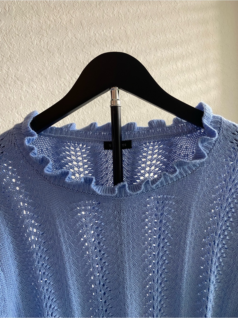 Talbots Sky Blue Ruffle-Neck Openwork Knit Sweater - Picture 3 of 8